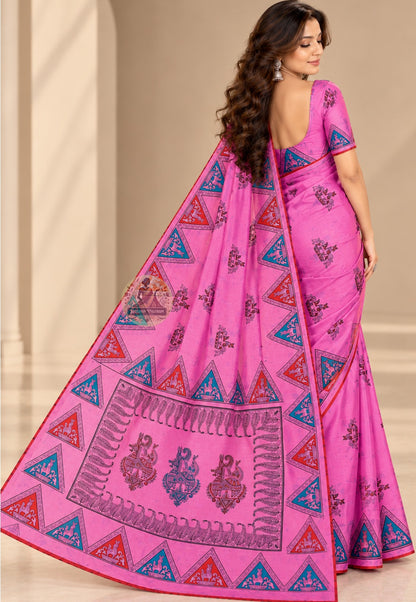 Front view of royal blue Swarnachari saree showing mythological narrative panels and golden zari weave on pure silk fabric