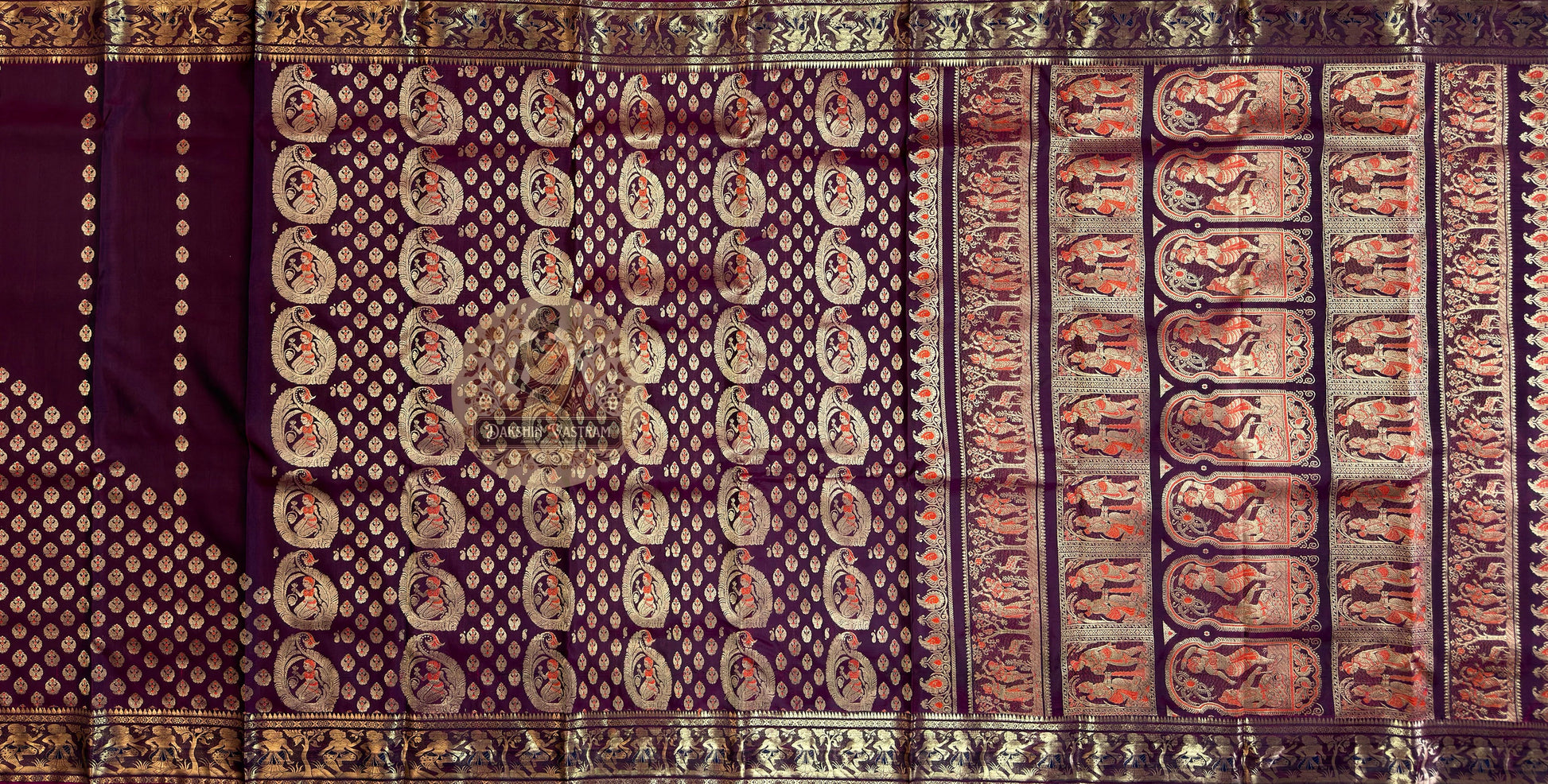 Handloom Swarnachari silk saree with mythological zari motifs – delivered to Manchester, Bradford, Leeds