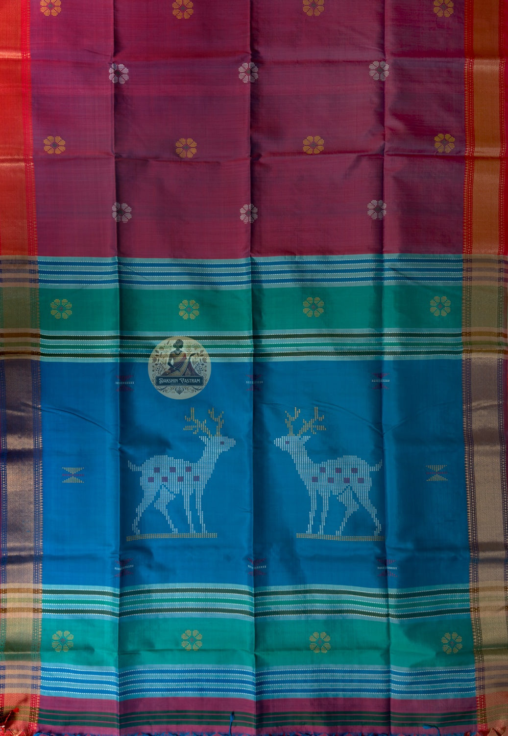 Close-up of handwoven jaali lattice with zari gulmohar buti detail on Bishnupur Katan Silk Saree border