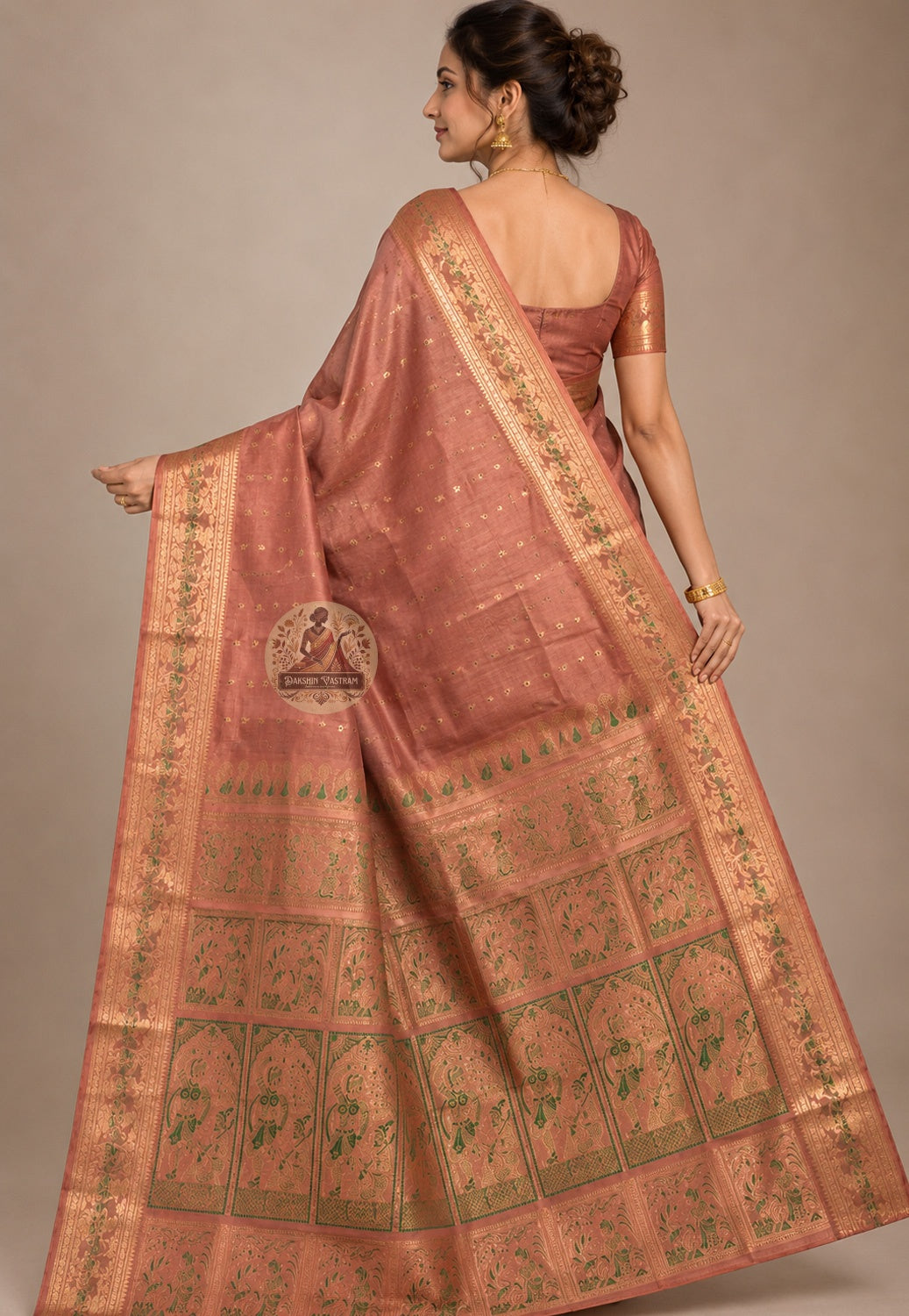 Front view of woman in Swarnachari pure silk saree, traditional Bengali drape with golden zari pallu carrying Bengal's soul and regional identity over left shoulder