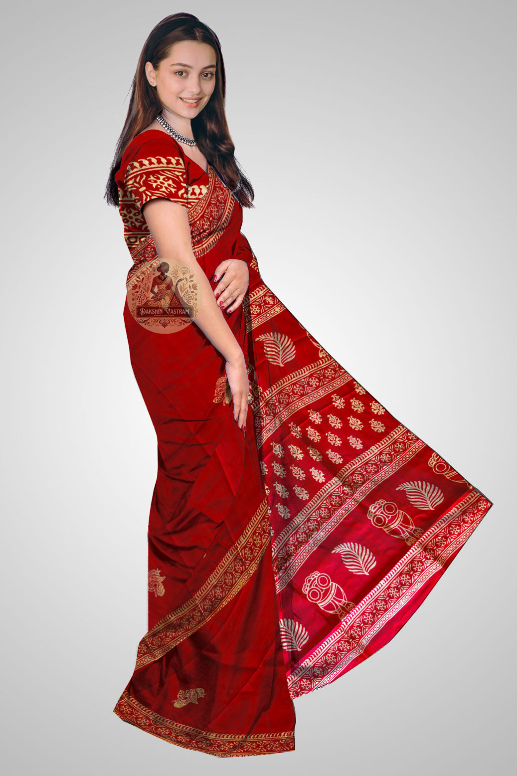 Shop Bishnupuri Silk Saree online – Side view showing block print design