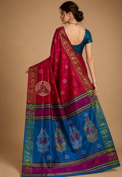 Rear view of handwoven Bishnupur Silk Kolakhetra Saree revealing the full pallu with hand-woven sacred geometry motifs and the distinctive field-of-squares Kolakhetra pattern in pure Bengal Katan silk
