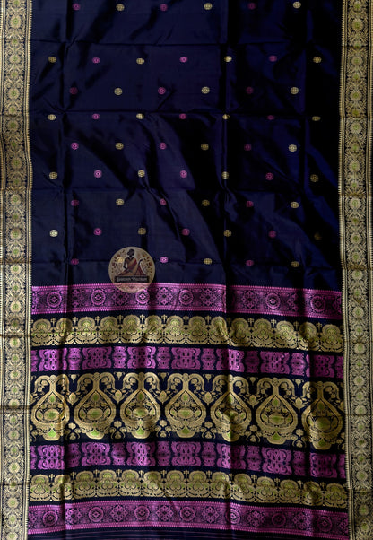 Rear view of Baluchari Silk Saree displaying pallu with Arjuna chariot Mahabharata scene master-woven in silk Bengal