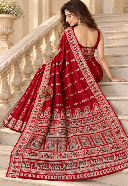 Side view of Bishnupur maroon Baluchari bridal silk saree displaying elegant drape and warmth of pure silk on ceremonial maroon ground