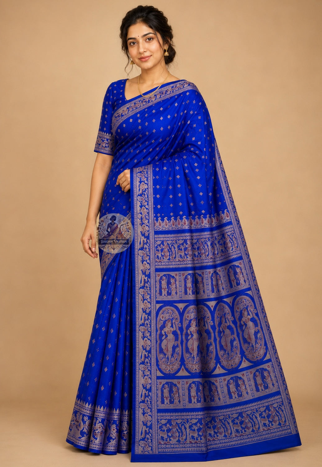 Front view of handwoven Swarnachari silk saree with golden zari pallu, Bengal heritage, draped for Durga Puja
