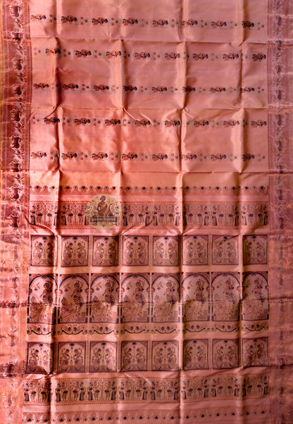 Close-up of Swarnachari silk mythology saree weave showing golden zari Mahabharata and Bishnupur terracotta temple art motifs woven thread by thread on handloom