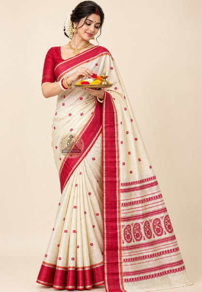 Front view of Bishnupur Garad pure silk saree in natural ivory, handwoven from pure mulberry silk by artisan weavers in West Bengal