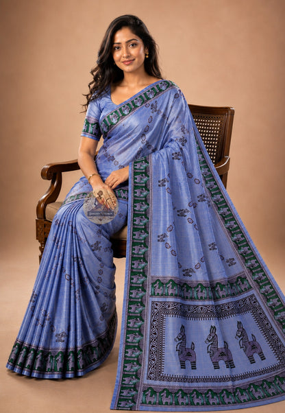 Front view of woman wearing Bishnupur Katan Silk Saree with oxidised silver jewellery, Diwali festive wear