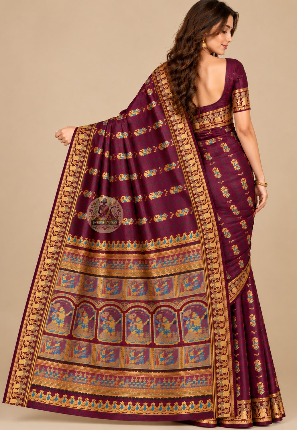 Front view of coffee Baluchari silk saree showing warm coffee pure silk body with individually woven Ramayana mythology and Bishnupur narrative motifs in silk-on-silk handloom technique