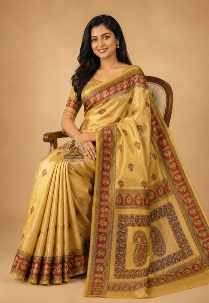 Front view of woman wearing Bishnupur Katan Silk Saree with brocade blouse, bridal trousseau occasion
