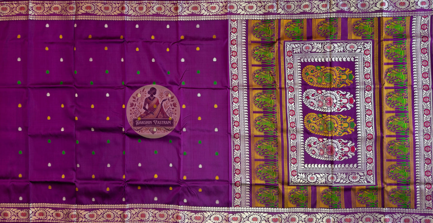 Close-up of the handwoven narrative pallu of Baluchari Pure Silk Saree, showcasing intricate mythology scenes that reward every eye that looks closely — woven directly into pure silk by Baluchari artisans of West Bengal
