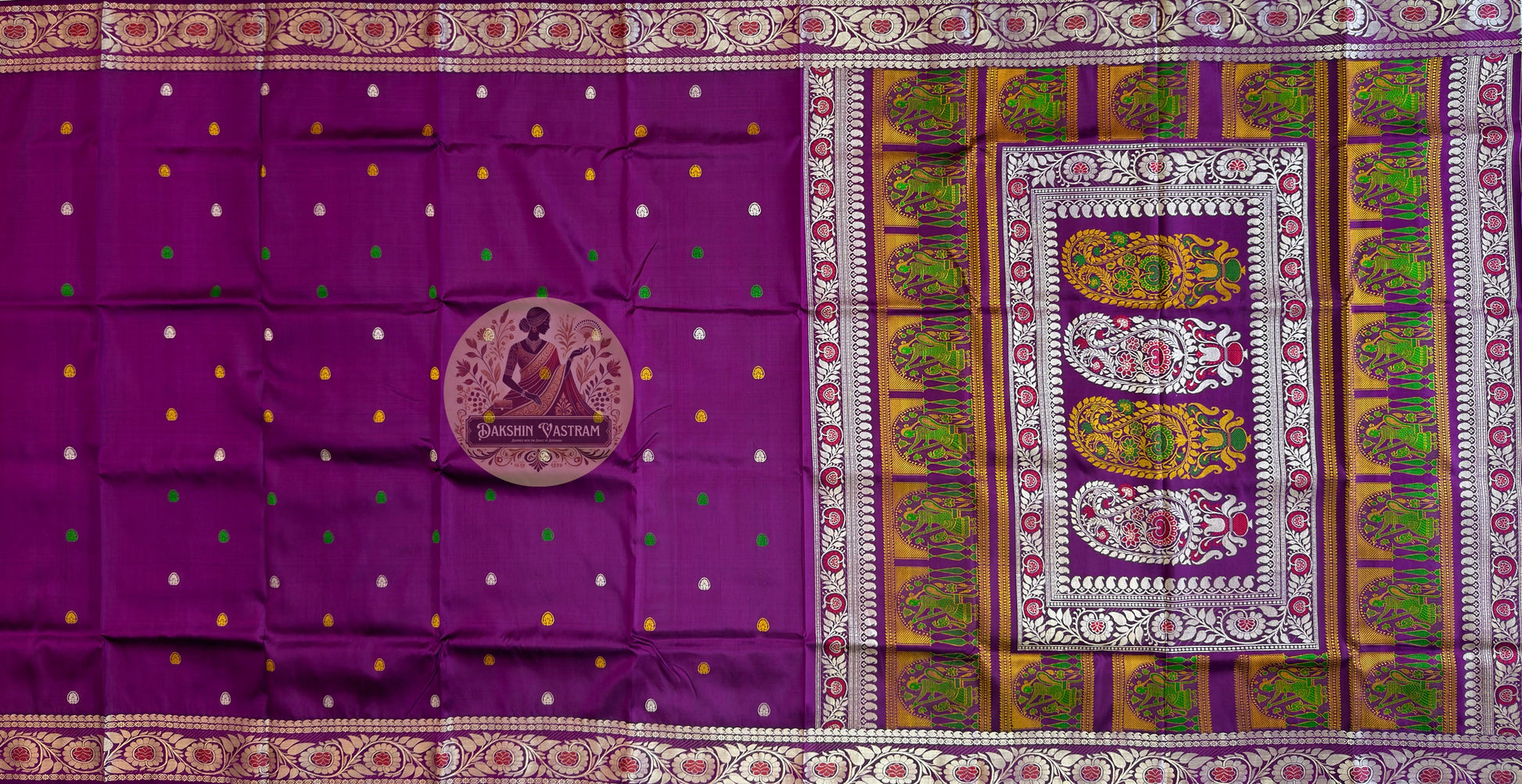 Close-up of the handwoven narrative pallu of Baluchari Pure Silk Saree, showcasing intricate mythology scenes that reward every eye that looks closely — woven directly into pure silk by Baluchari artisans of West Bengal