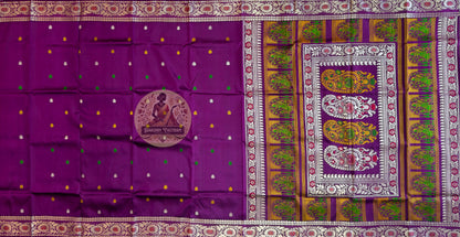Close-up of the handwoven narrative pallu of Baluchari Pure Silk Saree, showcasing intricate mythology scenes that reward every eye that looks closely — woven directly into pure silk by Baluchari artisans of West Bengal