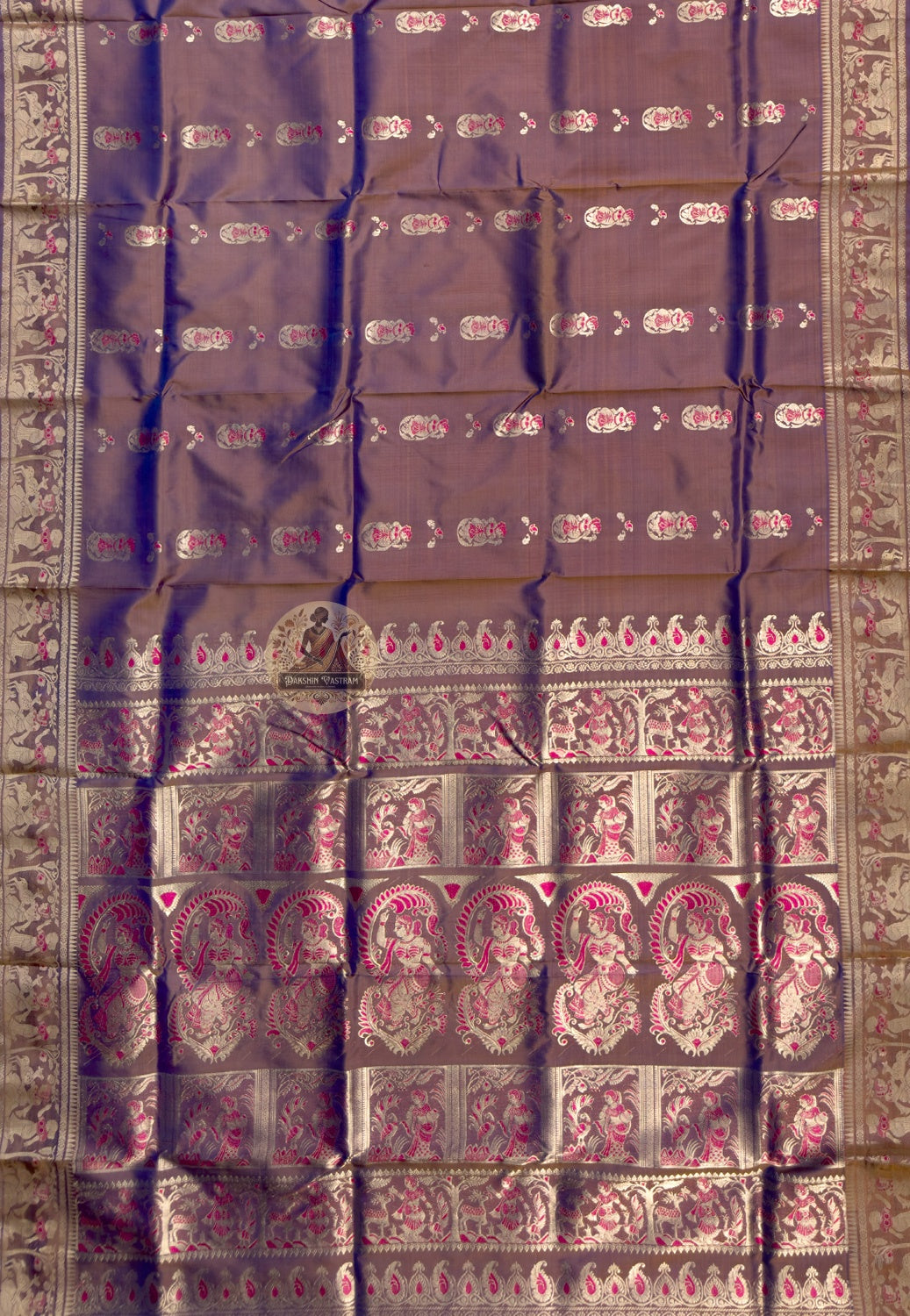 Close-up of pure golden zari mythology motifs handwoven into Swarnachari silk saree pallu from West Bengal