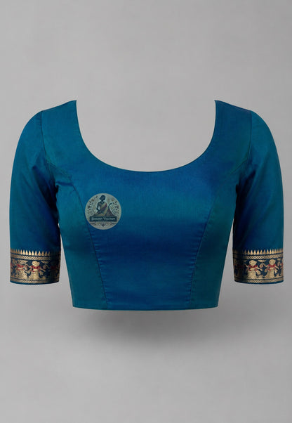 Rear view of Swarnachari silk saree with pure golden zari motifs and pallu draped over the shoulder