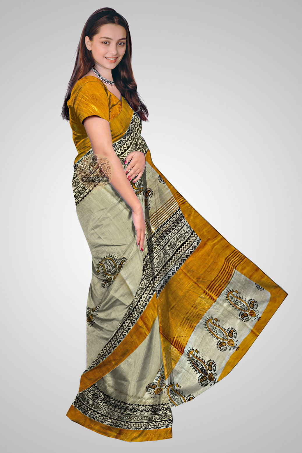 Shop Tussar Silk Saree – Detailed view of pallu and borders