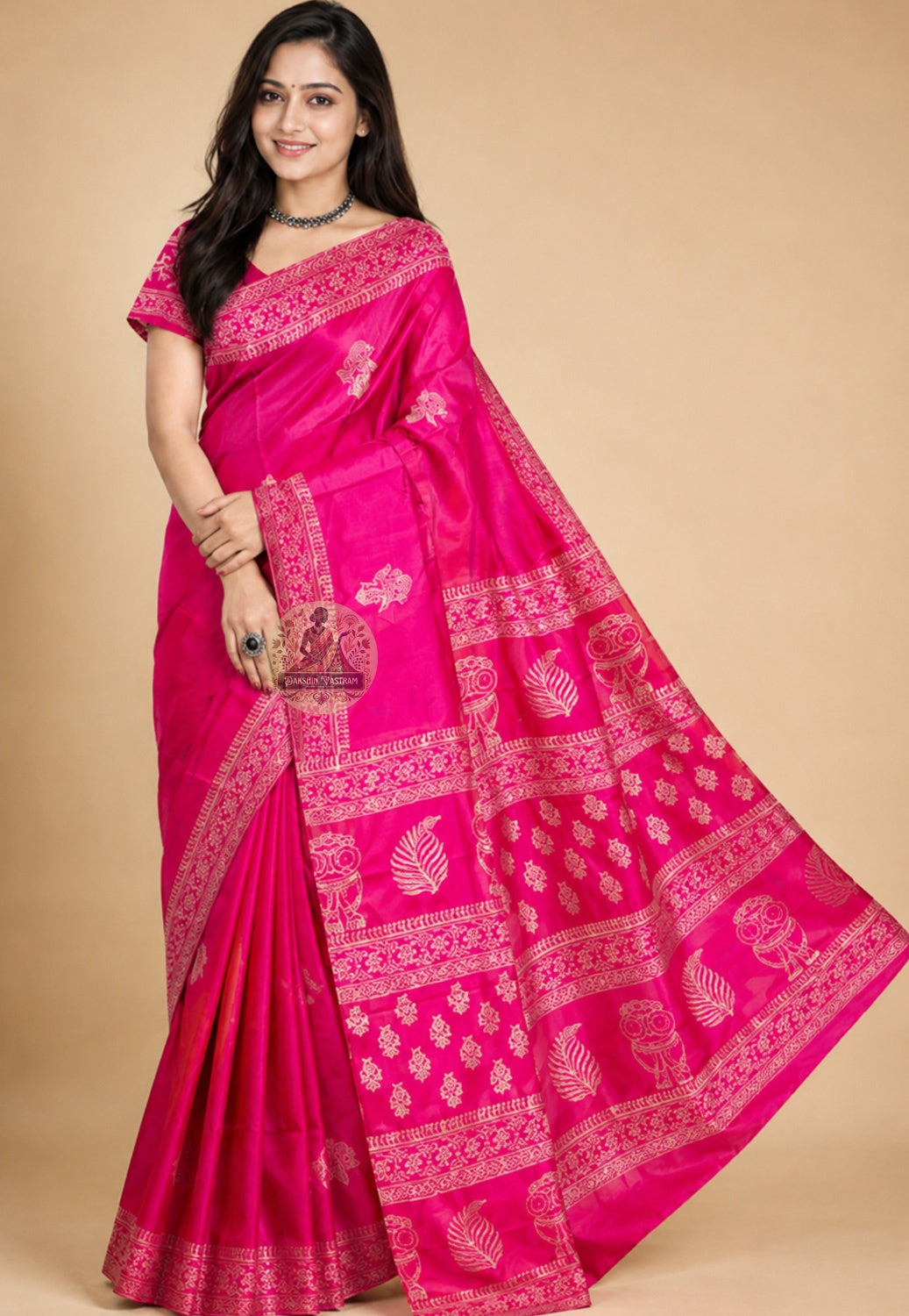 Front view of Bishnupur Silk Block Print Saree from Bengal, showcasing hand-stamped carved wooden block patterns on pure Bishnupur silk with the warm painterly quality unique to handcrafted block printing