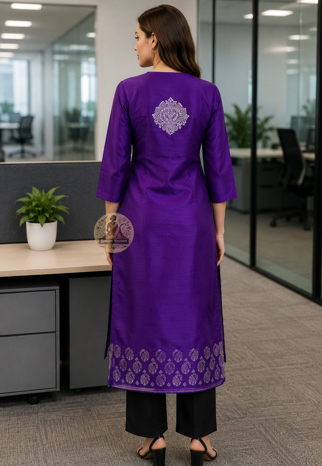 Side view of A-line kurti tailored from Baluchari Silk Kurti Piece chevron block print Bengal everyday silk