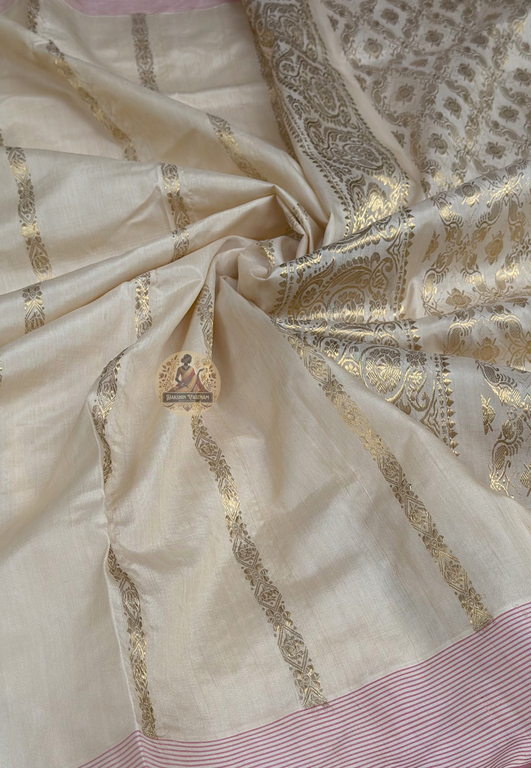 Full flat-lay of natural amber Ghicha Tussar Silk Saree with matching blouse piece kantha temple marigold Ashtami Durga Puja 2026 Bengal
