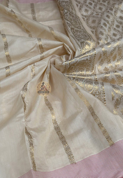 Full flat-lay of natural amber Ghicha Tussar Silk Saree with matching blouse piece kantha temple marigold Ashtami Durga Puja 2026 Bengal