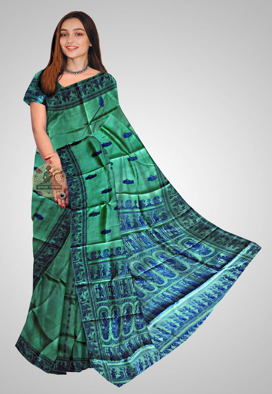 Front side view of Handloom Baluchari Saree with intricate designs and luxurious fabric