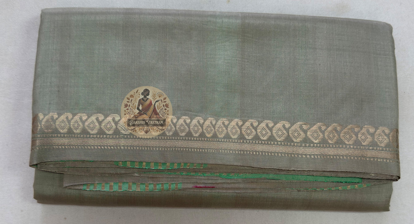 Full flat lay of Bishnupur Pure Katan Silk saree with heritage motifs and included blouse piece