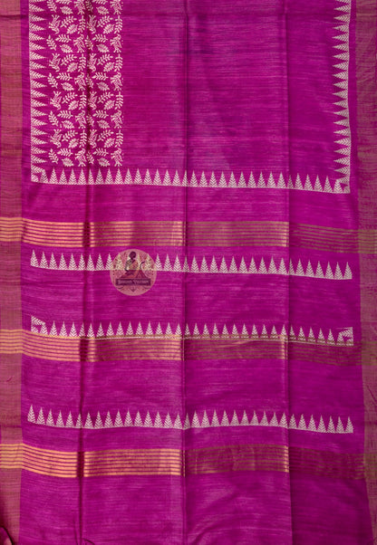 Close-up of Ghicha Tussar silk connoisseur festive saree weave showing natural slub texture and matte lustre surface variation of short-staple Tussar silk on handloom