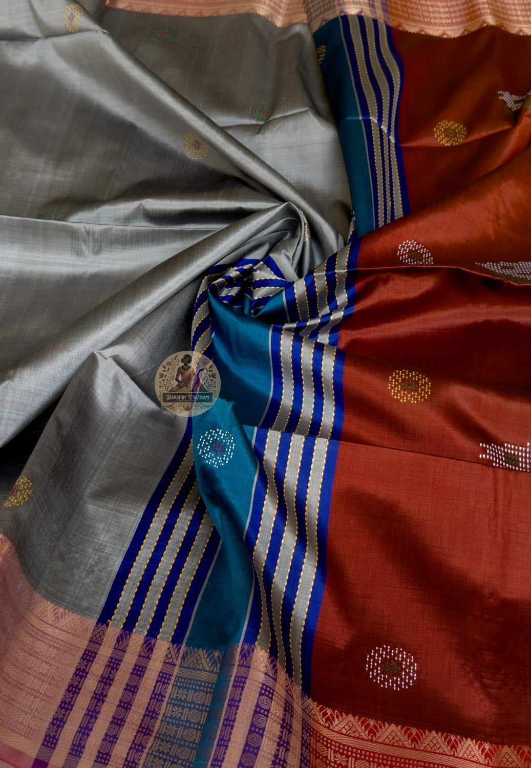Full flat-lay of Bishnupur Pure Katan Silk Saree with matching blouse piece Durga Puja 2026 collection Bengal