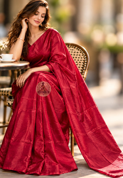 Side view of red Bishnupur silk saree showing the flowing drape and tonal pallu
