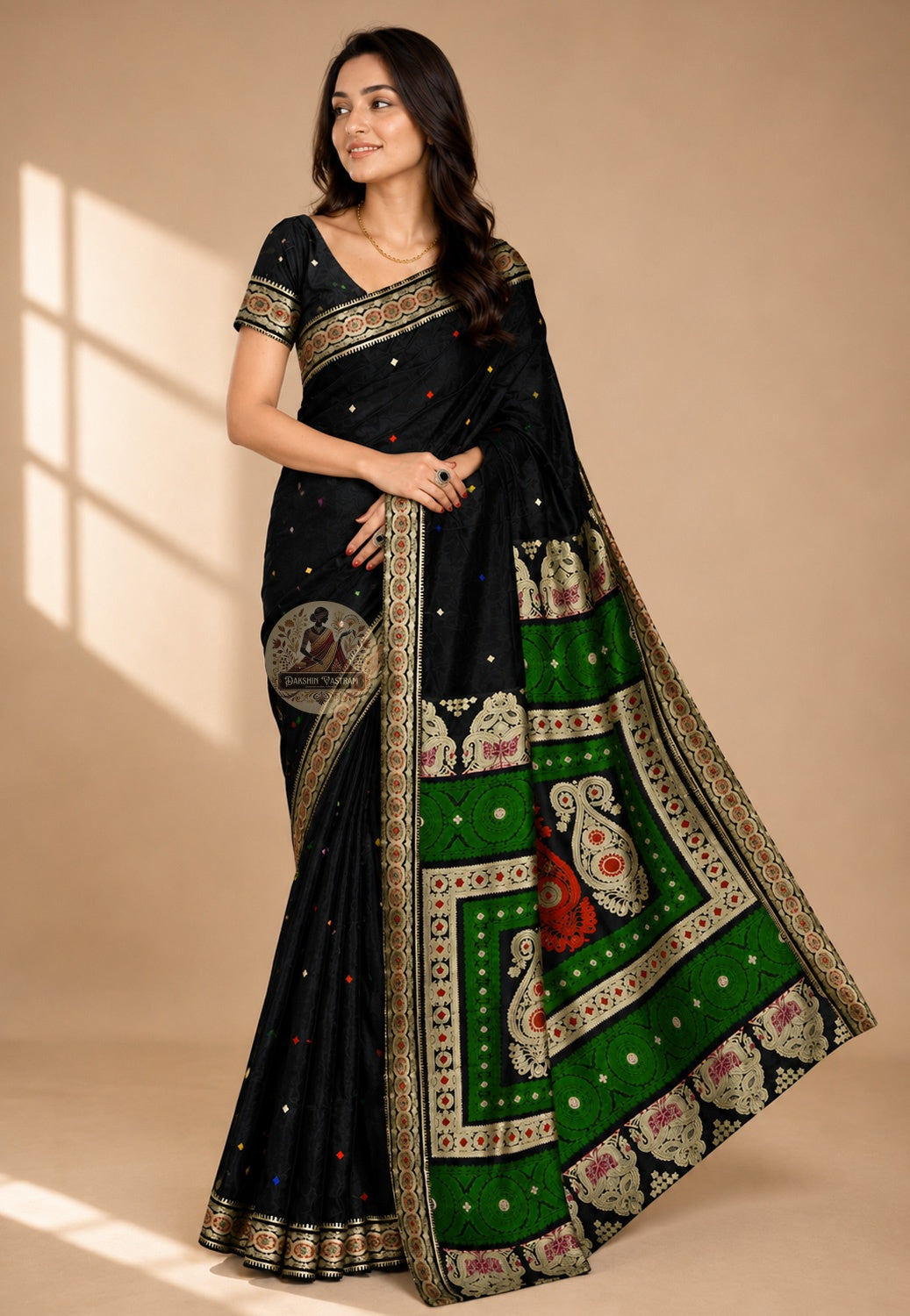 Front view of Baluchari pure silk saree with traditional handwoven motifs draped in classic Nivi style