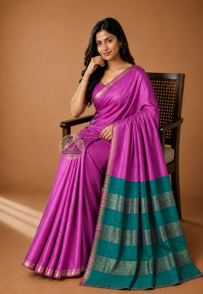 Front view of Bishnupur Katan Silk Saree with handwoven stepped pyramid and marigold buti motifs, West Bengal