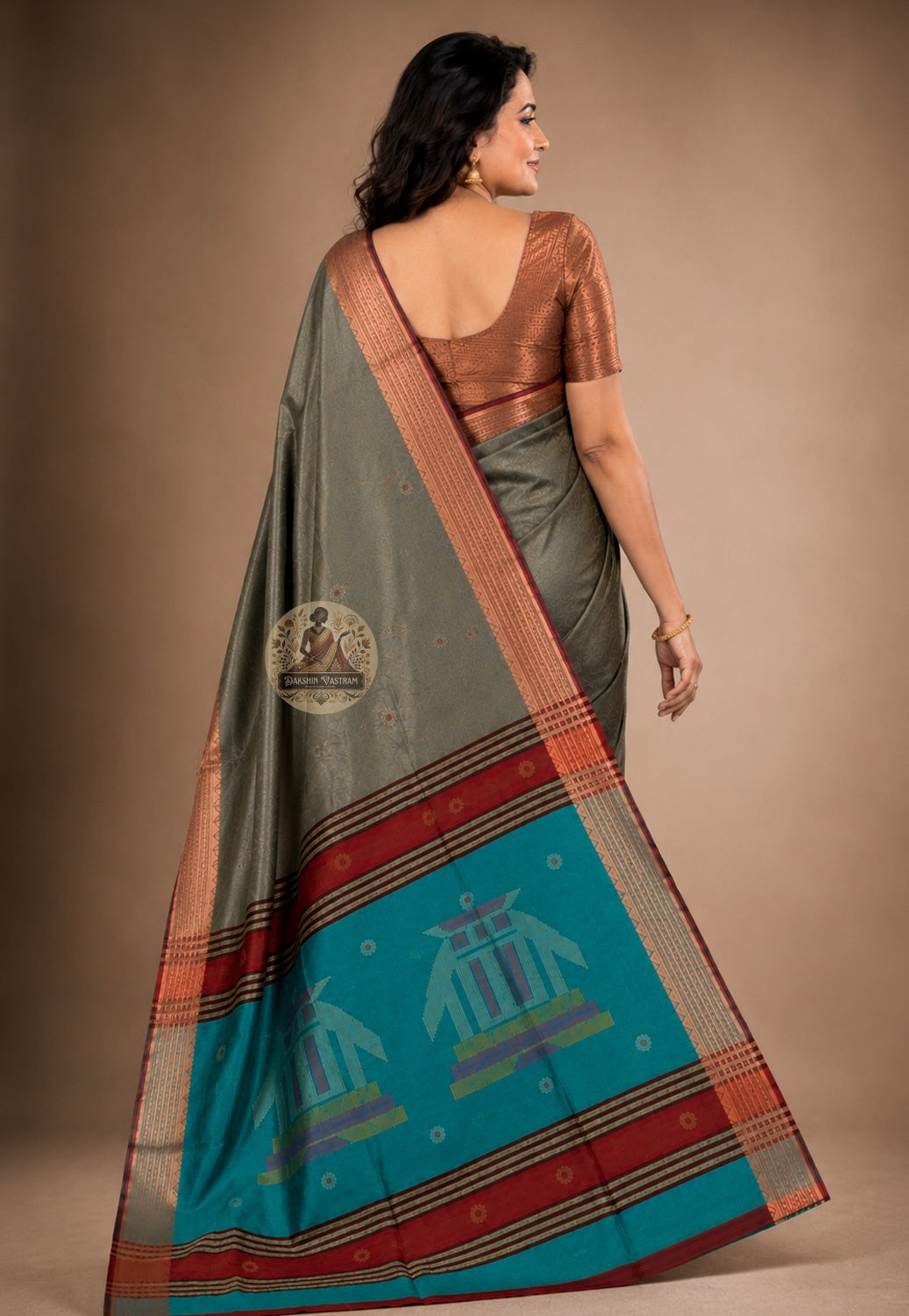 Side view of Bishnupur Pure Katan Silk Saree showing ceremonial Karva Chauth drape and interlaced diamond handloom border
