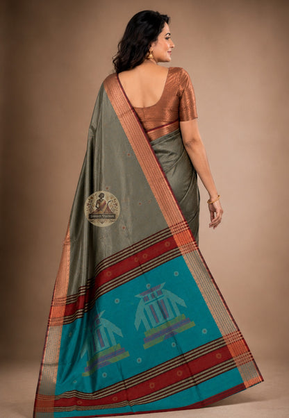 Side view of Bishnupur Pure Katan Silk Saree showing ceremonial Karva Chauth drape and interlaced diamond handloom border