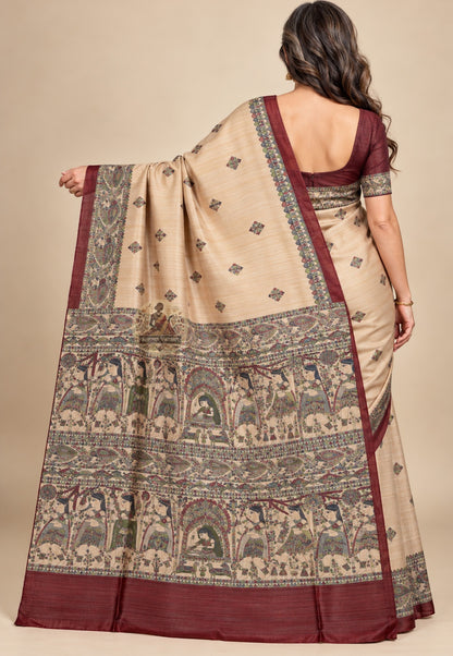 Side view of beige Ghicha Tussar silk saree showing the pleated drape and contrasting maroon edge