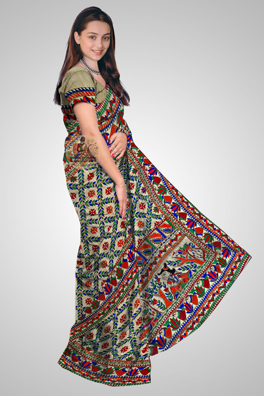 Buy Handwoven Tussar Saree Online – Side view showing textured silk drape