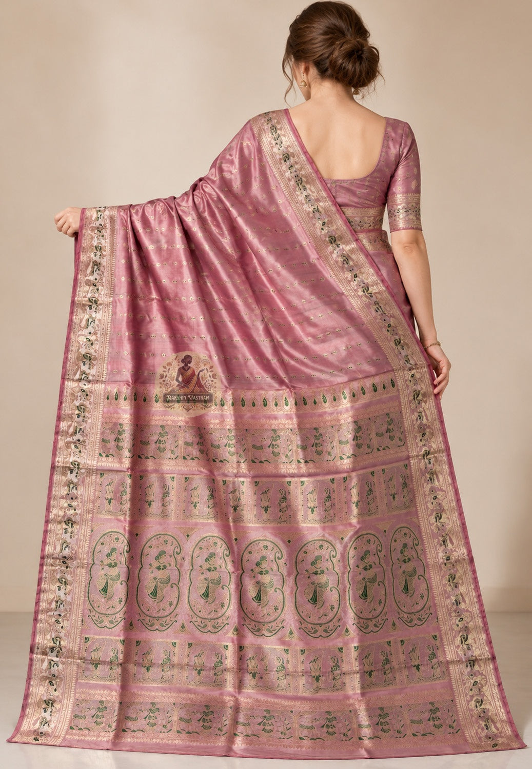 Front view of Swarnachari silk saree showing pure silk body with golden zari Ramayana Mahabharata and Bishnupur terracotta temple motifs formed thread by thread in Bengali handloom