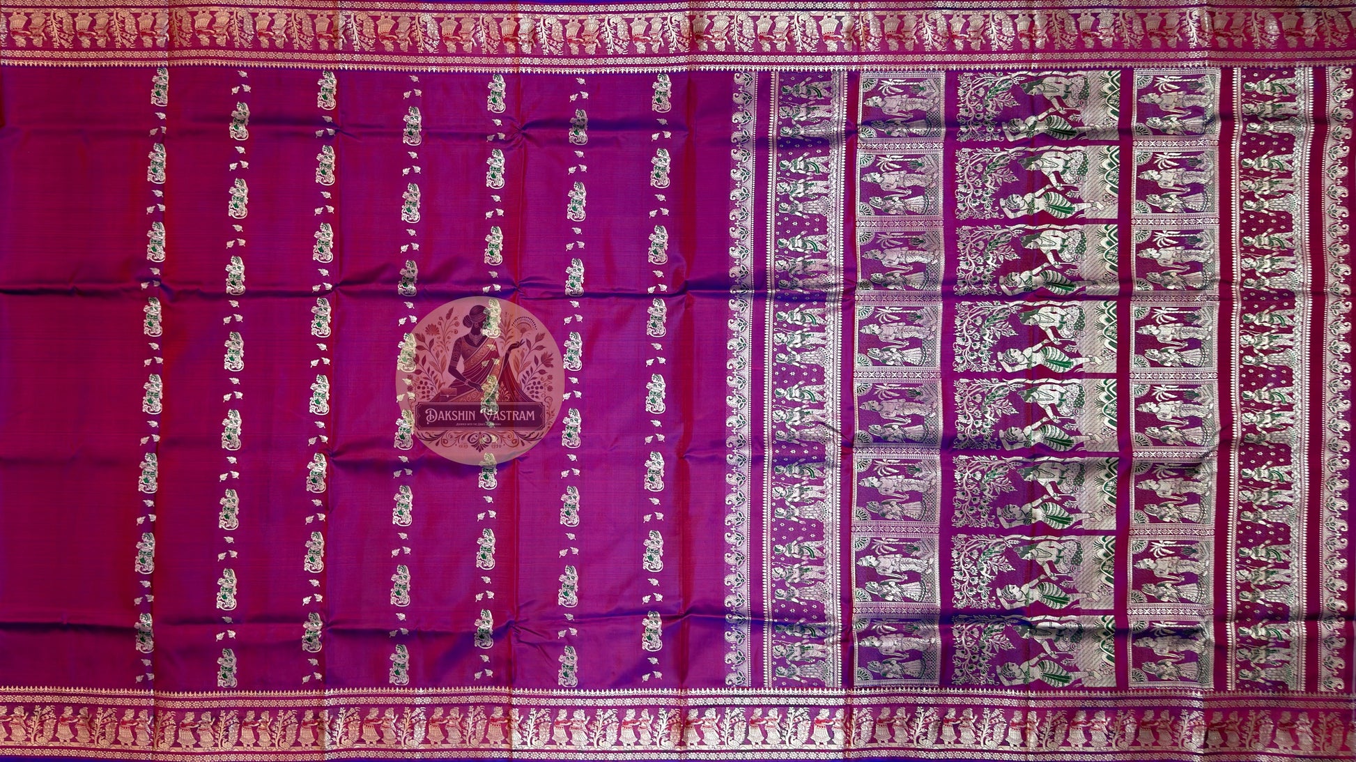 Heritage handloom Baluchari saree in ivory with contrasting maroon border and temple motifs
