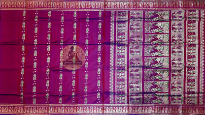 Heritage handloom Baluchari saree in ivory with contrasting maroon border and temple motifs
