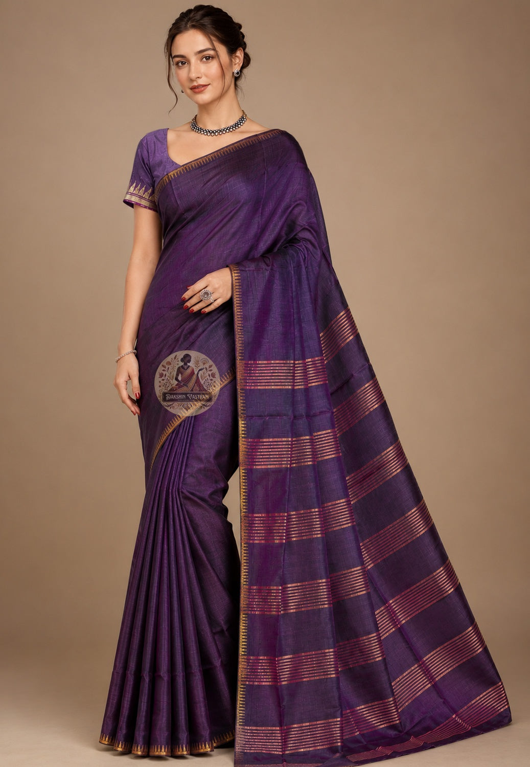 Front view of Bishnupur Katan Silk Saree with handwoven temple spire and scrolling vine motifs, West Bengal