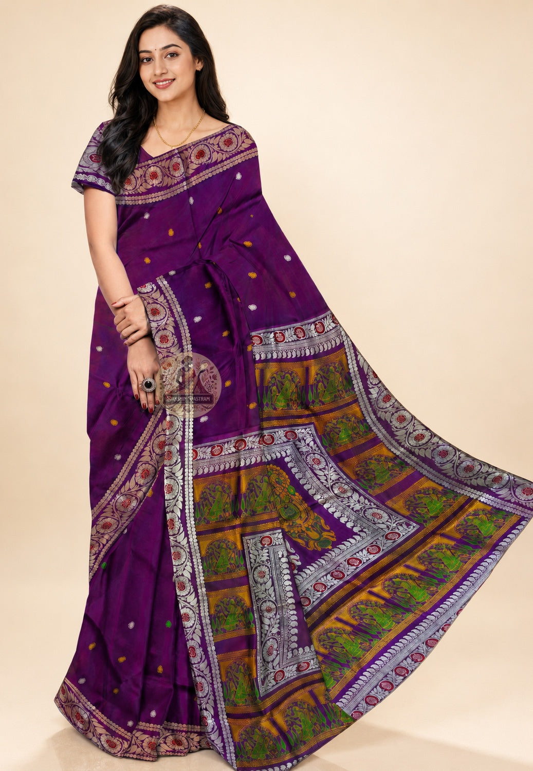Front view of Baluchari Pure Silk Saree draped on model, showcasing the handwoven narrative silk body with traditional Baluchari buti motifs and the naturally luminous drape of pure Bengal silk — a saree that reveals more the longer you look