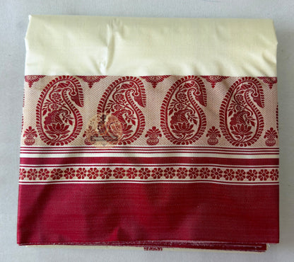 Full saree view of Bishnupur Garad pure mulberry silk heirloom saree in natural ivory with matching blouse piece, crafted to be treasured for generations