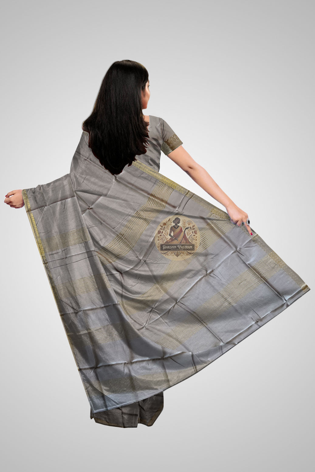 Shop Pure Silk Saree online – Rear pallu view with golden work