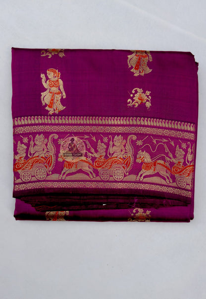 Close-up of Swarnachari silk saree pallu showing hand-woven golden zari art panel with Bengal temple carving and courtly figure motifs, pit-loom West Bengal