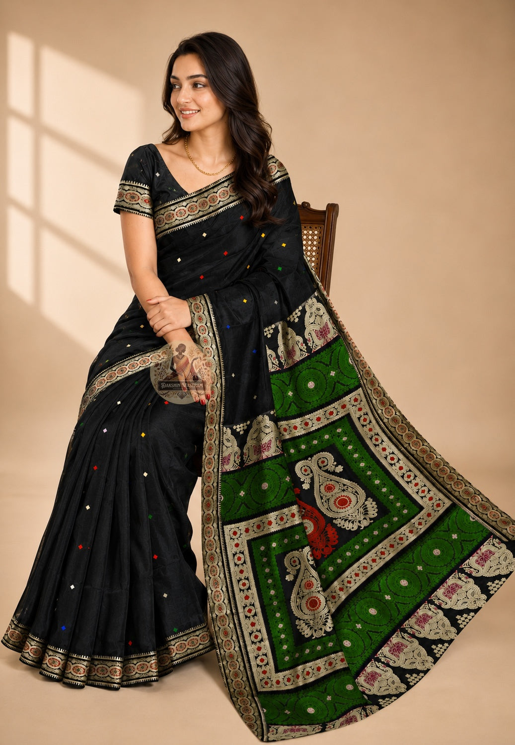 Side view of handwoven Baluchari silk saree from West Bengal showing pallu fall and woven border detail