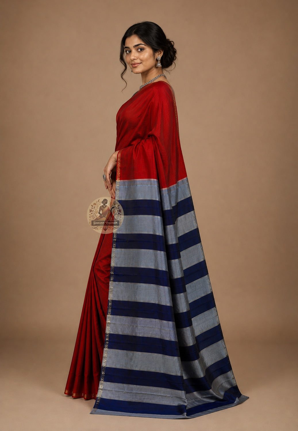 Front view of woman wearing Bishnupur Katan Silk Saree with brocade blouse, Indian wedding reception occasion