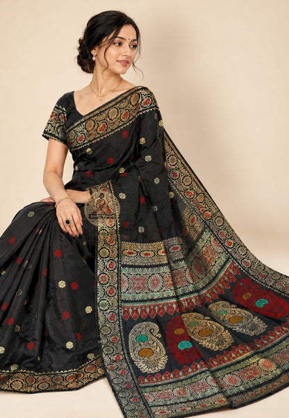 Side view of Baluchari Pure Silk Saree showing the graceful weighted fall and natural sheen of handwoven pure silk with traditional Baluchari buti motifs repeating across the body with quiet confidence