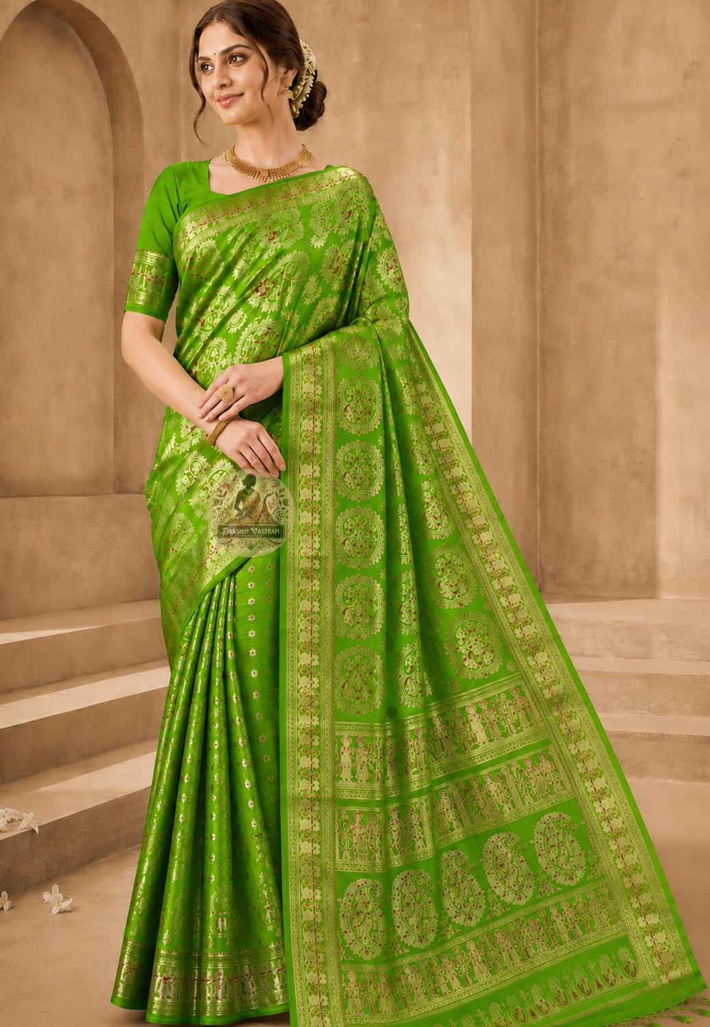 Front view of Swarnachari Silk Saree with pure golden zari Dashami vidai Durga departure scene and red hibiscus border Bishnupur West Bengal