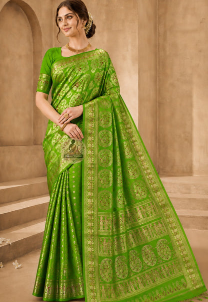 Front view of Swarnachari Silk Saree with pure golden zari Dashami vidai Durga departure scene and red hibiscus border Bishnupur West Bengal