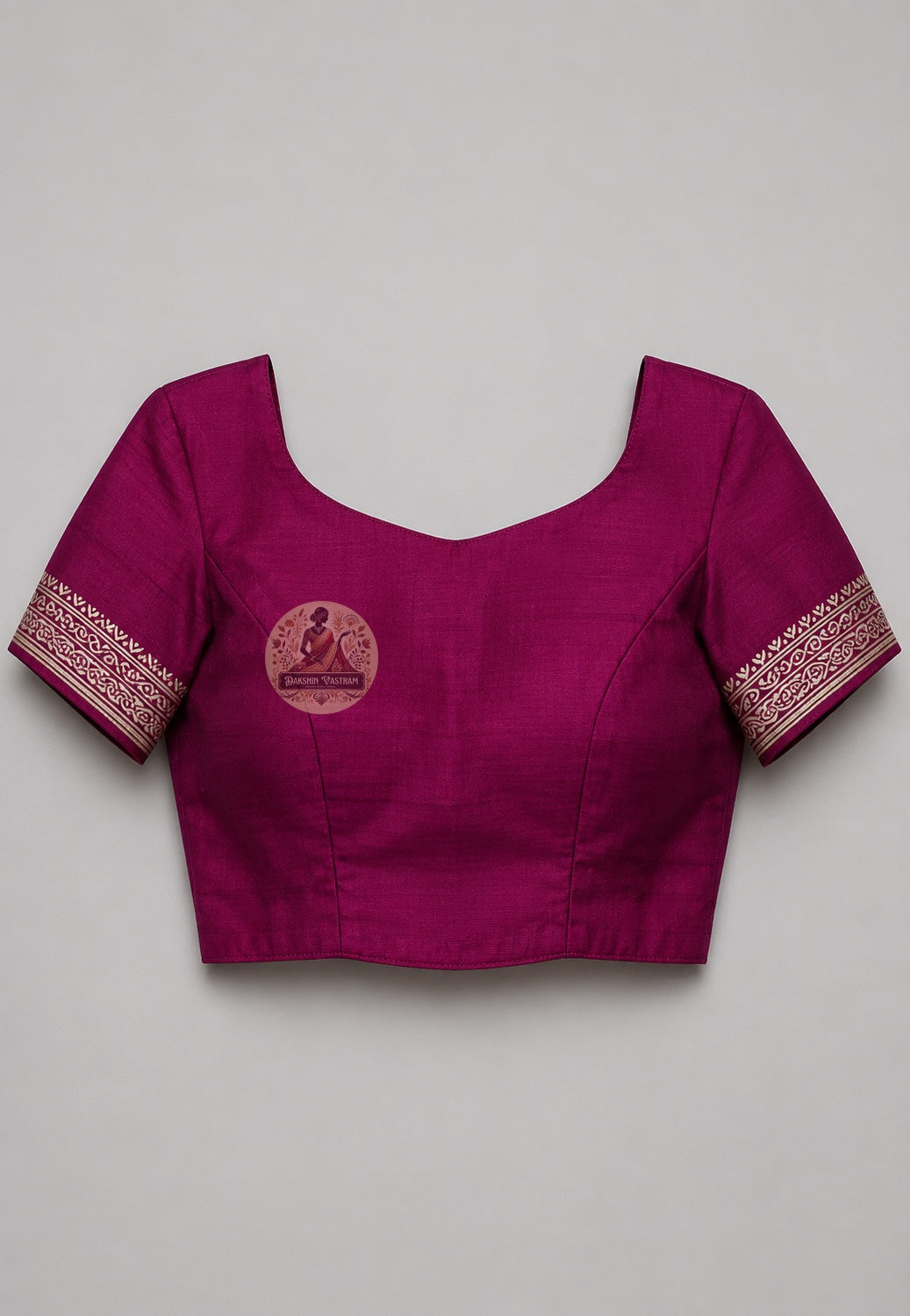 Front view of unstitched Katan silk blouse piece from Bishnupur master weaver saree set, with matching woven border and warm silk lustre in coordinating tone