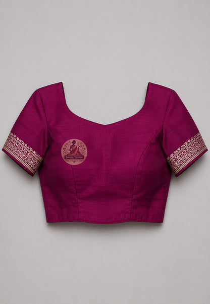 Front view of unstitched Katan silk blouse piece from Bishnupur master weaver saree set, with matching woven border and warm silk lustre in coordinating tone
